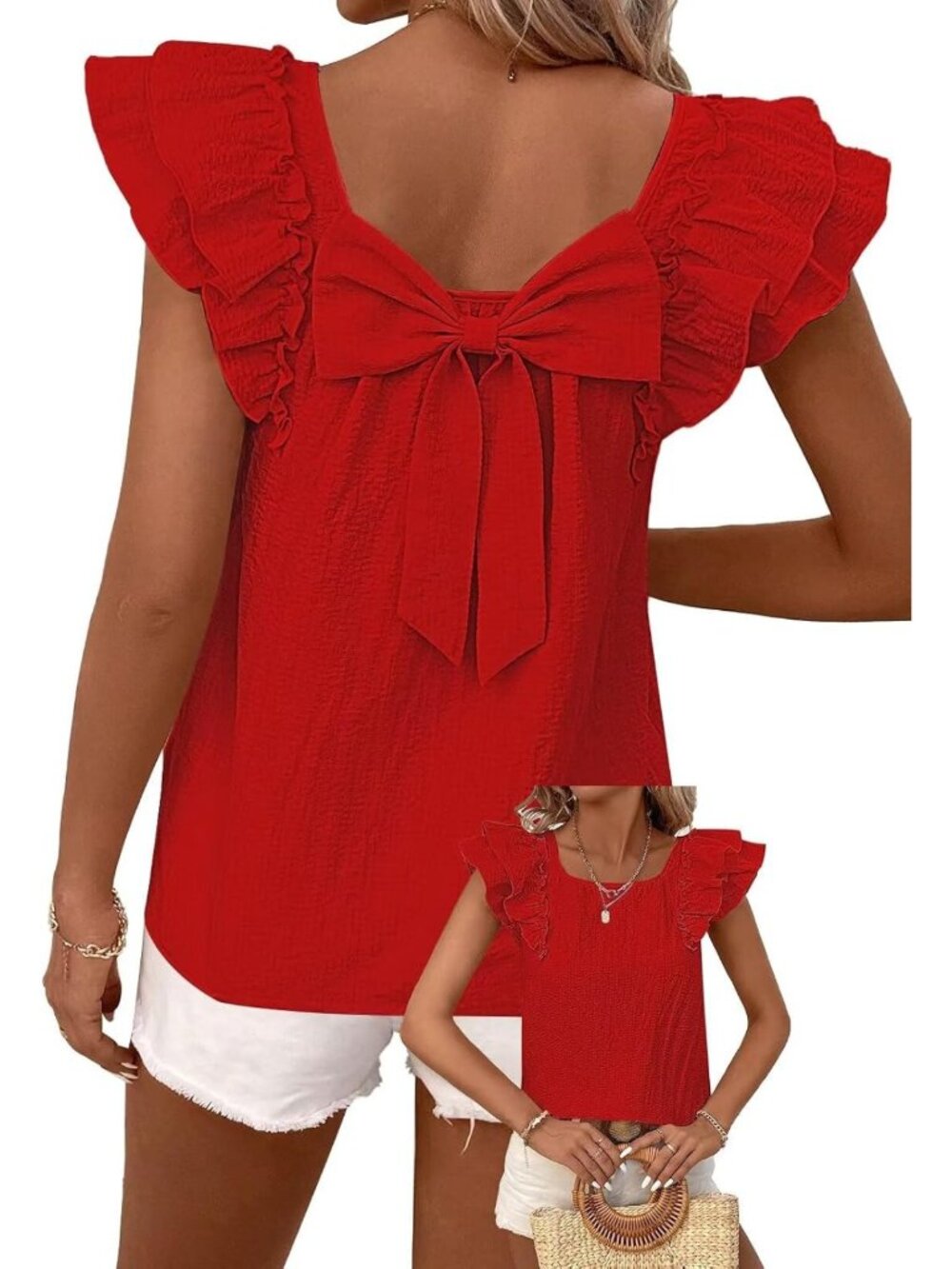 Trendy Women's Ruffle Short Sleeve Bow Tie Back Chiffon Babydoll Top - Summer